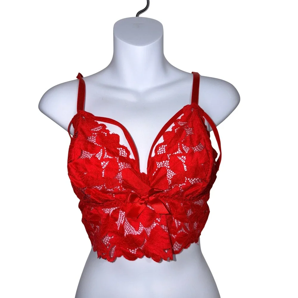 Red Floral Lace Longline Bralette Strappy Cage Bow Accent Top Size 0xl